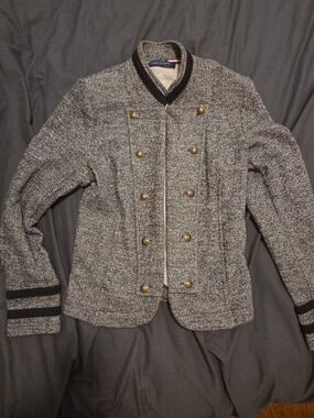 Tommy Hilfiger Gray Tweed Double-Breasted Blazer with Black Trim